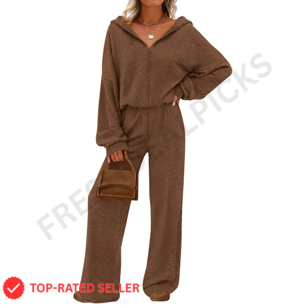 Zip Up Hoodie Wide Leg Tracksuit Lounge Set Relaxed Fit Chic Athleisure